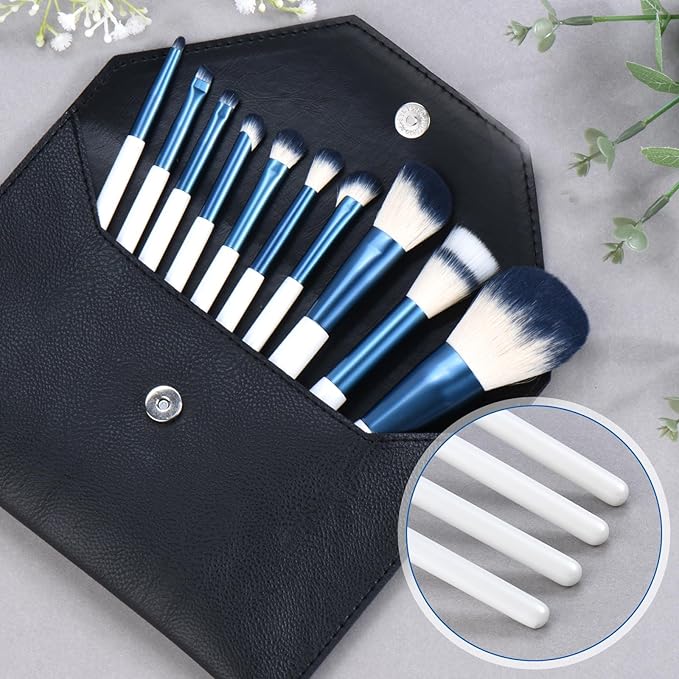 Makeup Brushes Set With Case 10Pcs White Makeup Brush Kit Foundation Eyeshadow Powder Blending Kabuki Eyebrow Eyelash Brushes Cosmetic Brush Travel Kit Gift (White+Blue)-GlimoraGlow