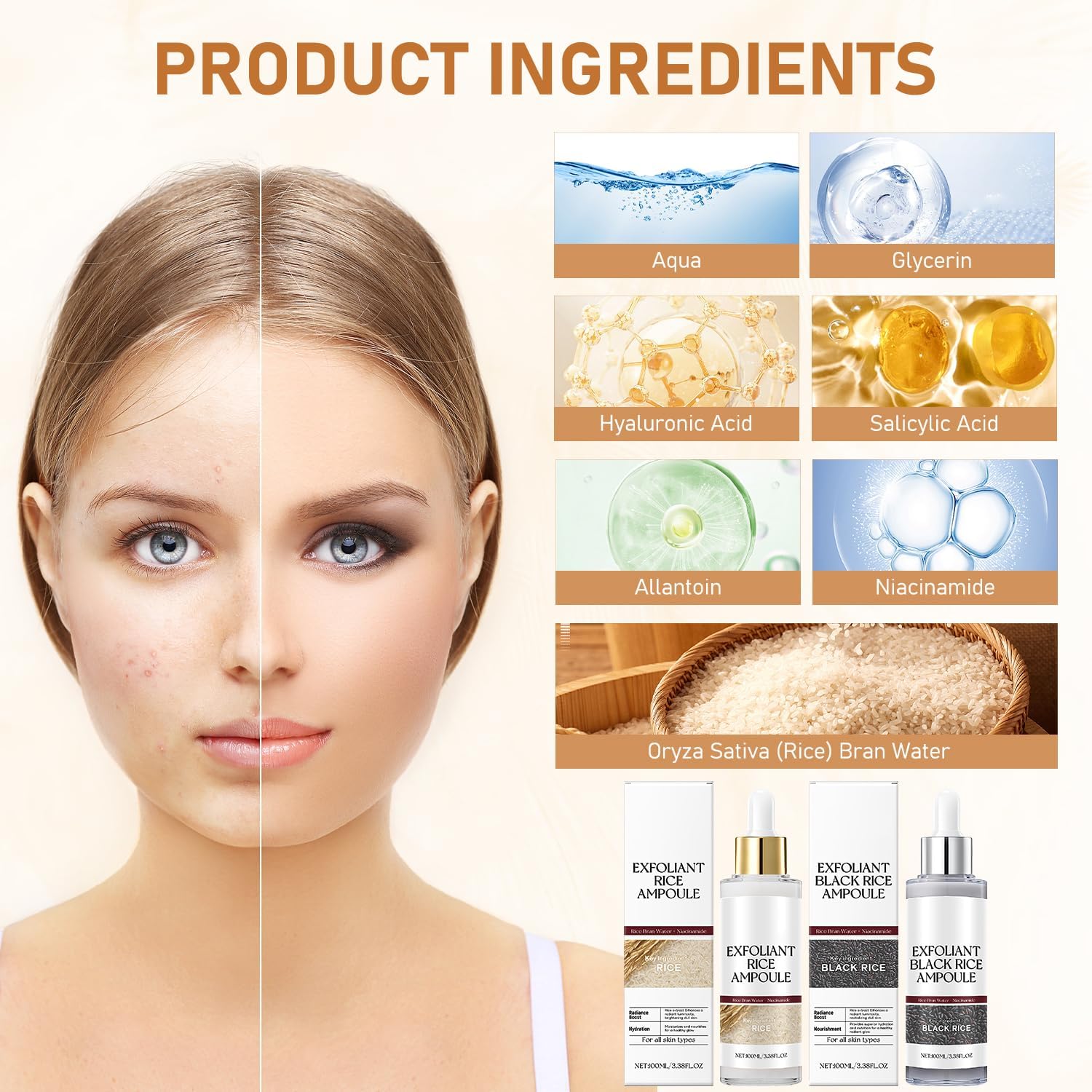 Rice Exfoliant Ampoule Duo, Black and White Face Peeling Solution, Moisturizing Pore Minimizer, 2-Pack, 100ml-GlimoraGlow