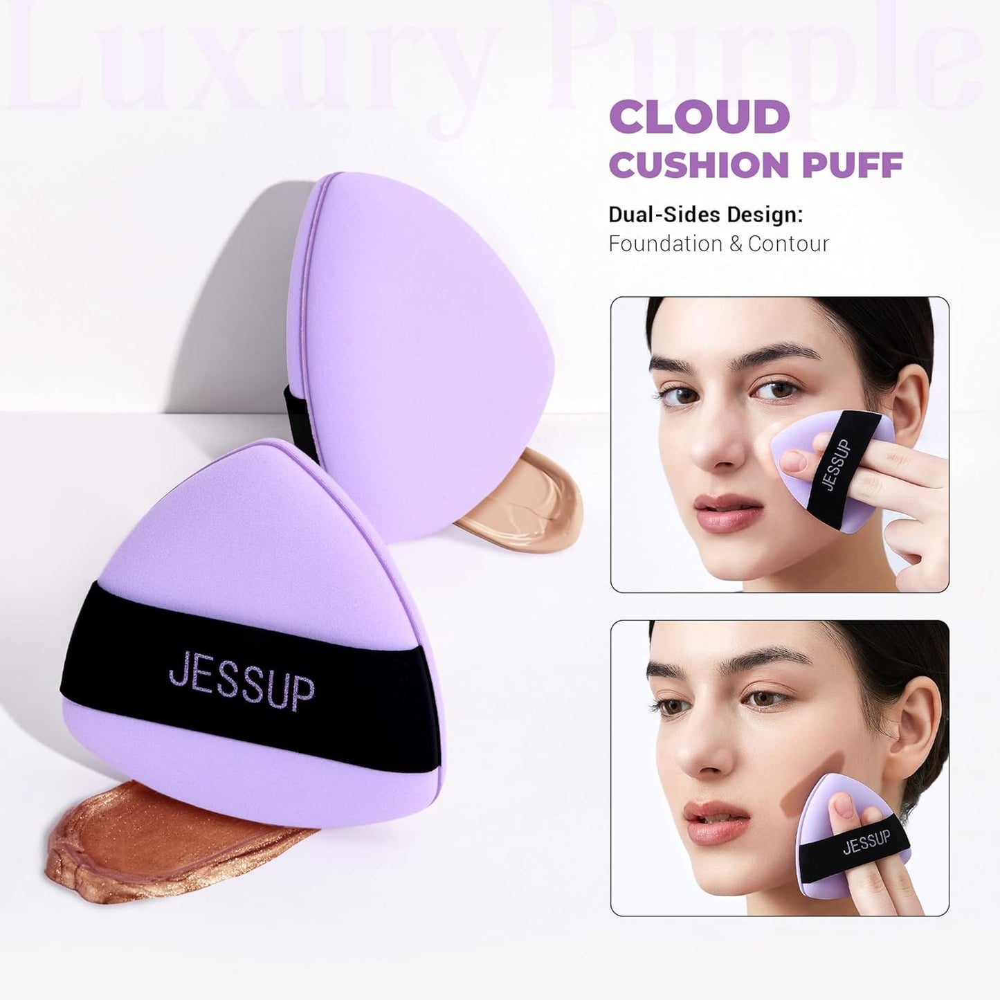 Jessup Powder Puff, 2pcs Triangle Powder Puff Soft for Foundation Setting and Baking, Reusable, Washable, Purple SP018-GlimoraGlow