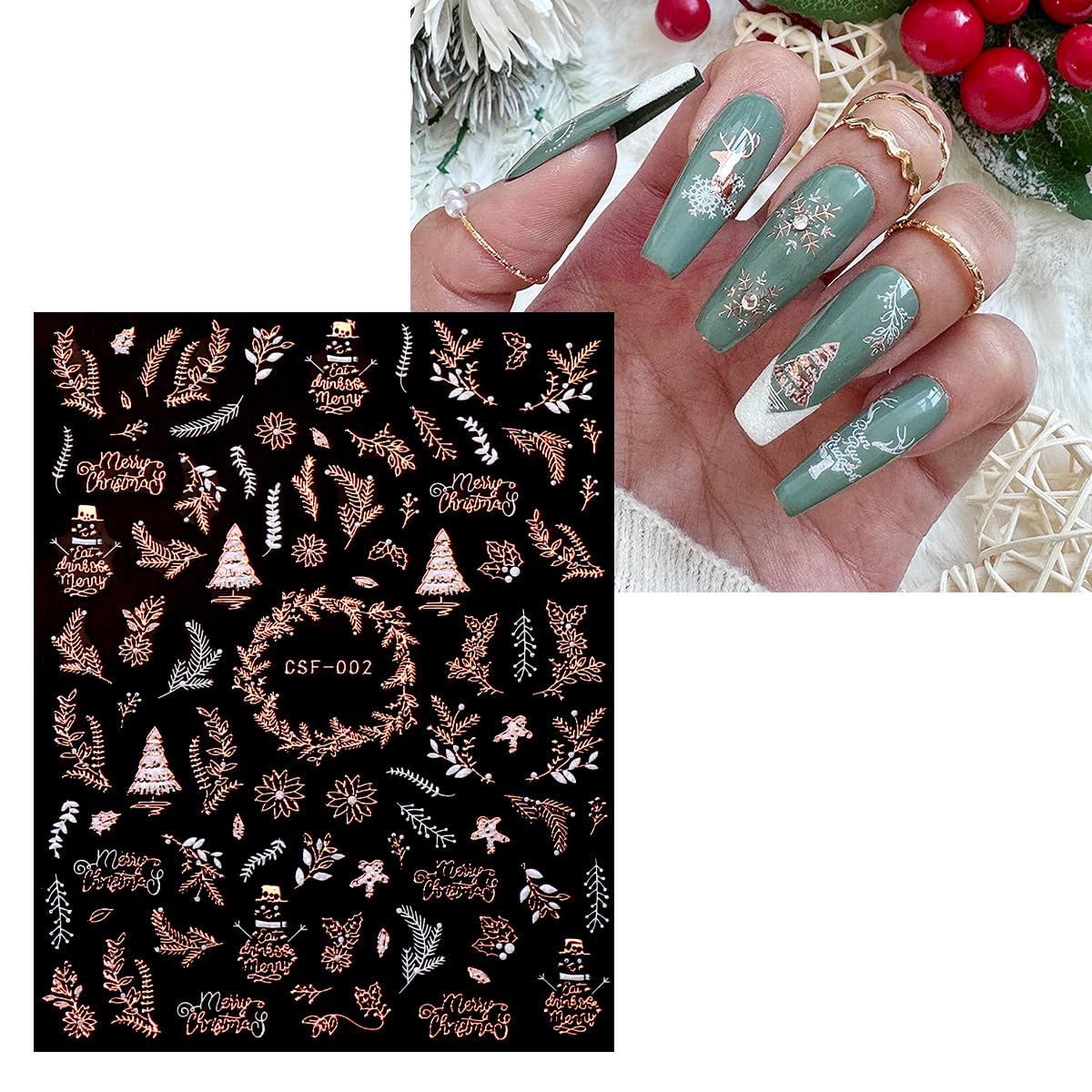 JMEOWIO 9 Sheets Christmas White Glitter Nail Art Stickers Decals Self-Adhesive Snowflake Winter Holiday Rose Gold Nail Supplies Nail Art Design Decoration Accessories-GlimoraGlow