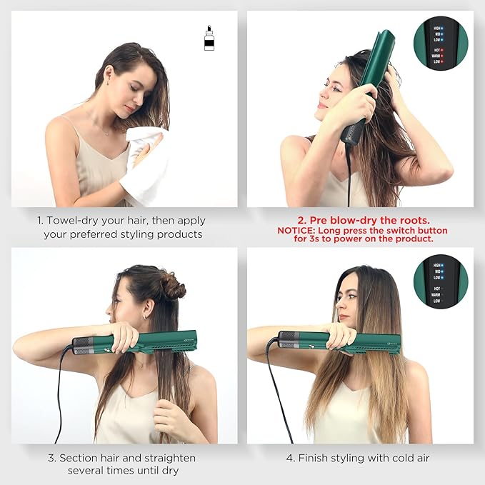 IG INGLAM Air Straightener, Style From Wet Hair, 2.2" Dryer Straightener, 200M Negative Ionic, One-Step Air Straight for Medium and Long Hair (14"-30"), Dark Green-GlimoraGlow