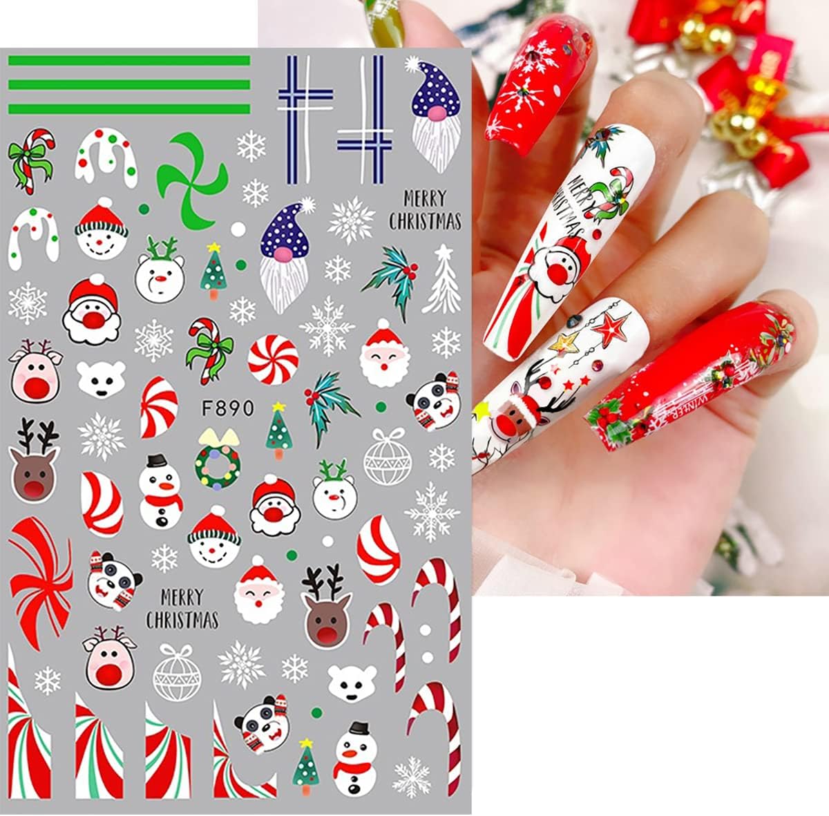 10 Sheets Christmas Nail Stickers 3D Xmas Decals Winter White Snowflake Santa Claus Snowman Bell Reindeer for Women Girls Christmas Designs Decoration Charms-GlimoraGlow