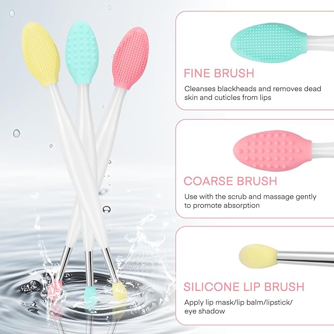 Unaone Lip Scrub Brush - 3 PCS Dual-ended Lip Scrubber Exfoliator and Silicone Lip Brush, 2-in-1 Silicone Lip Scrub Tool Lip Mask Applicator, Gentle Exfoliator & Applicator for Soft-GlimoraGlow