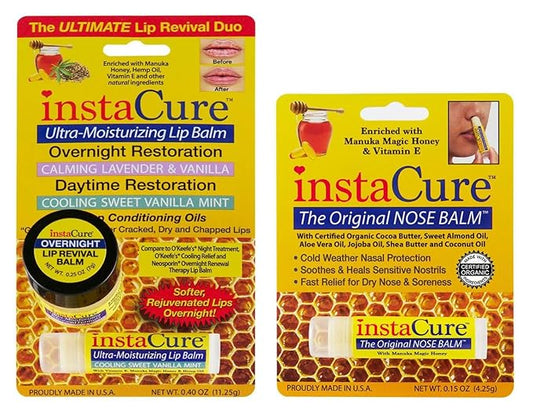 InstaCure's Original Nose Balm Fast Relief for Cracked, Dry & Sore Noses! Ultra-Moisturizing Lip Repair Duo. Calming Lavender & Vanilla Overnight Lip Mask + Cooling Sweet Vanilla Mint Daytime Lip Balm-GlimoraGlow