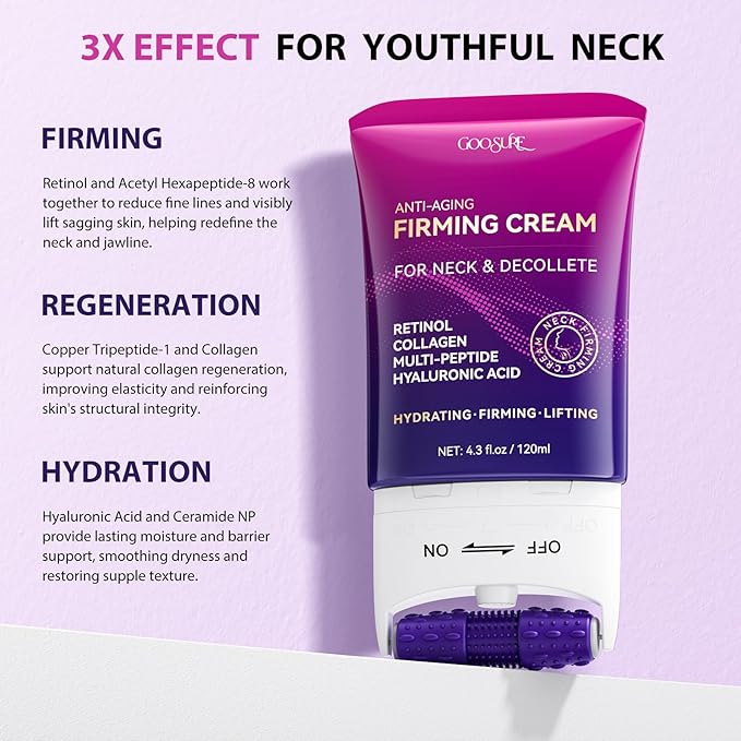 Firming Neck & Décolleté Cream with Retinol, AH-8 Hexapeptide, Collagen & Squalane – Instant Face Lift Cream for Wrinkles, Tightening & Crepey Skin – Neck Firming cream with Massage Roller – 4.3 fl oz-GlimoraGlow