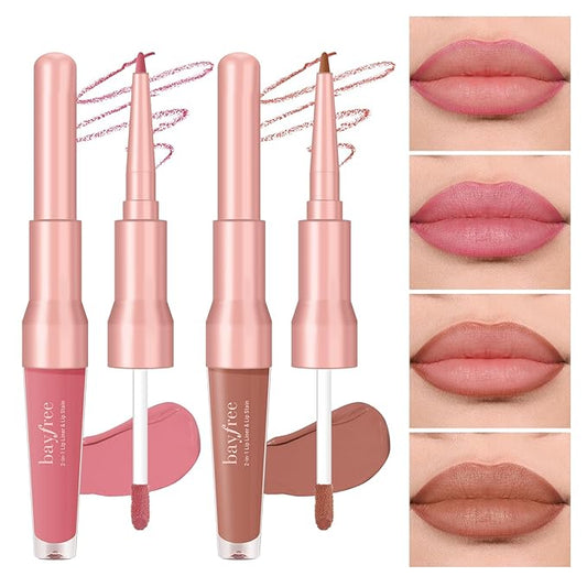 2 PCS Lip Liner and Lip Stain Combo Set, High Pigmented Long Lasting Velvet Lip Tint, Well-Defined Lipliner, Weightless Waterproof Not Animal Tested, Matte Finish Makeup-GlimoraGlow