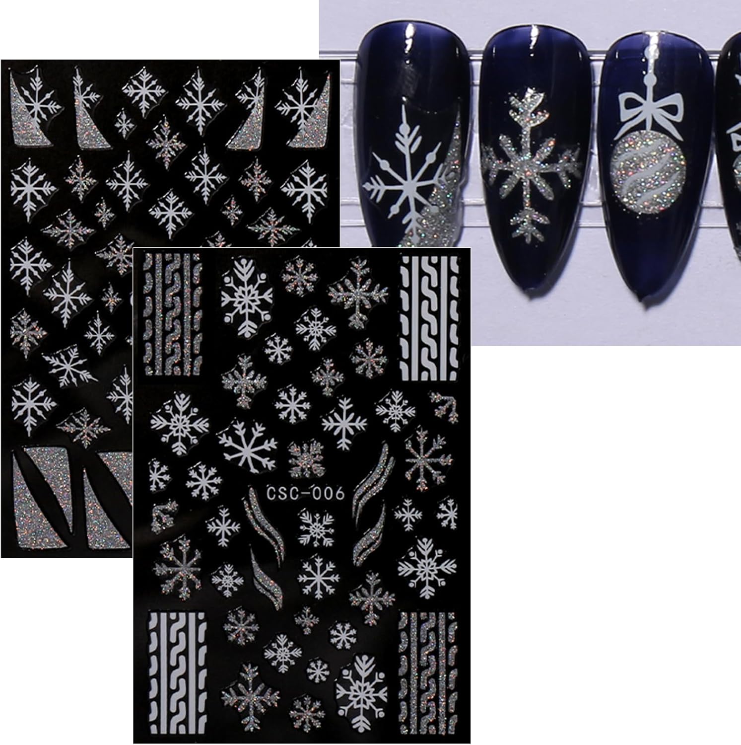 JMEOWIO 8 Sheets Christmas Glitter Nail Art Stickers Decals Self-Adhesive Snowflake Winter Holiday Cute Silver White Nail Supplies Nail Art Design Decoration Accessories-GlimoraGlow