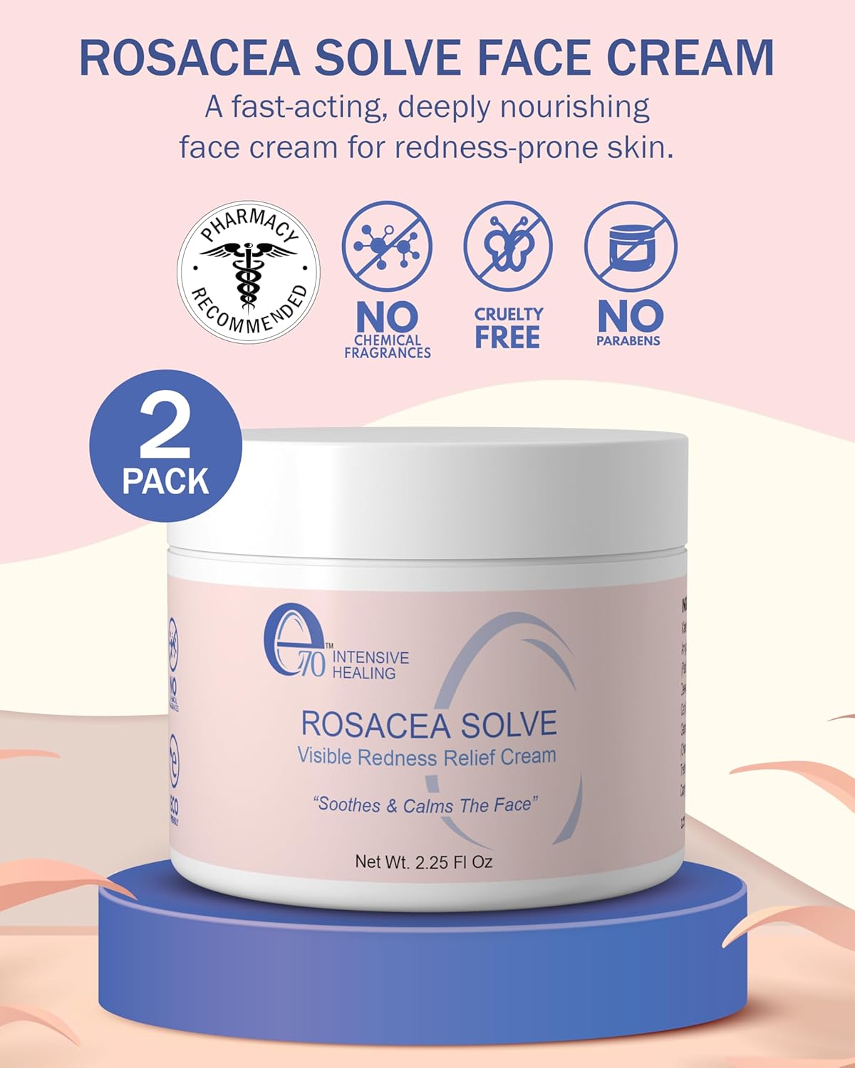 Rosacea Treatment for Face Skincare Cream for Women & Men (Pack of 2) - Gentle Moisturizer Redness Reducing Skin Care - with Aloe Vera & Hyaluronic Acid - Day-Night, Made in USA by e70 (2.25 fl. oz.)-GlimoraGlow