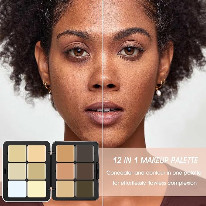 12 Colors Cream [Contour+Concealer] Makeup Palette for Cheeks - Multi-functional Makeup Palette with Brush, Natural Matte Long Wearing, Waterproof Blendable Face Makeup Palette (#03)-GlimoraGlow