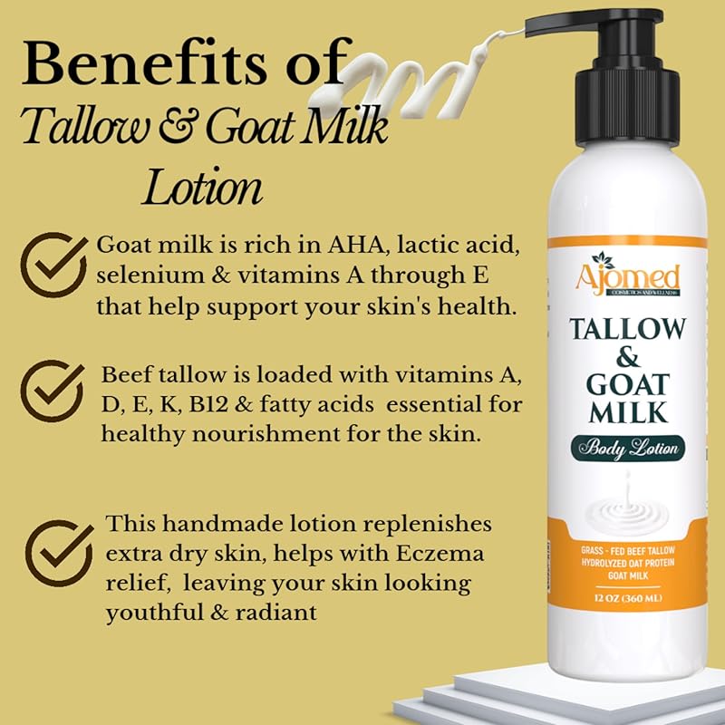 Grass Fed Beef Tallow & Goat Milk Body Lotion for Sensitive Skin, Organic Tallow Lotion - Soothes Dry Patches, Goat Milk Moisturizer - Handmade Tallow Body Lotion (UNSCENTED, 8 Oz)-GlimoraGlow