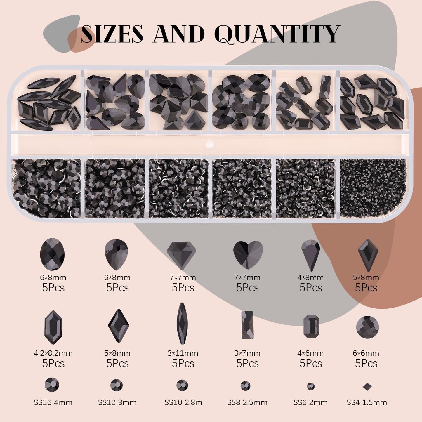 2060Pcs Black Glass Nail Rhinestones 60Pcs Multi Shapes Flatback Nail Gems + 2000Pcs 1.5-4mm Round Crystal with Rhinestones Glue Gel, Manicure Nail Charms Diamond Gemstones for Nail Art-GlimoraGlow