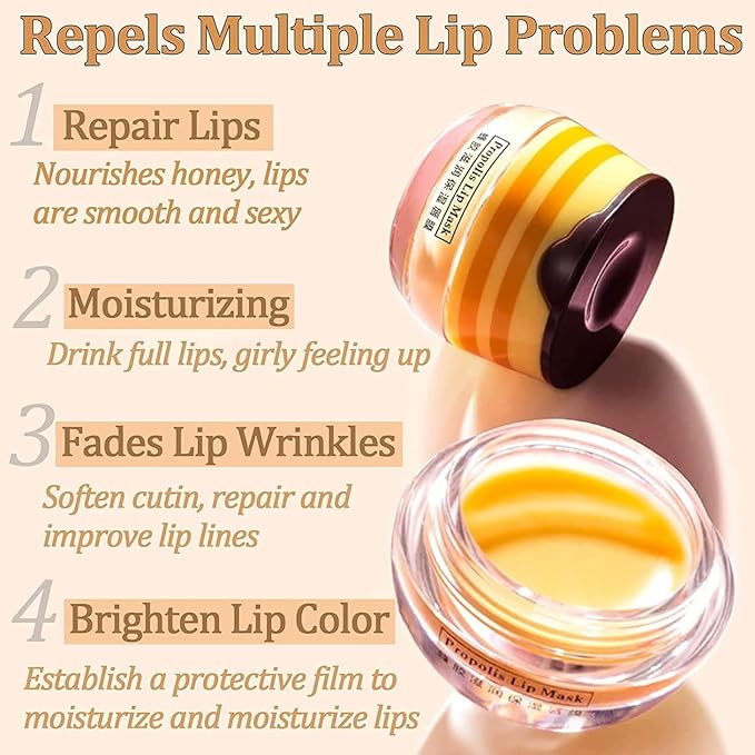 2 PCS Bee Lip Balm Honey Pot, Honey & Strawberry Lip Mask Vitamin E & Moisturizing Propolis Sleeping Lip Mask Prevention Dry and Cracked Lip Scrubs Exfoliator, Christmas Gifts-GlimoraGlow