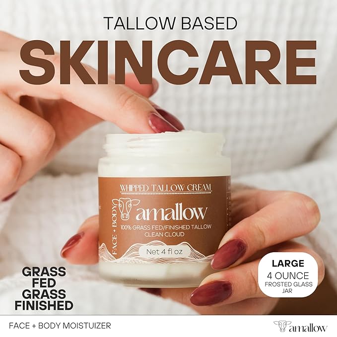 Amallow 100% Grass Fed Beef Tallow for Skin Care - Face + Body - Whipped Moisturizer - Natural Lotion, 4 FL. oz. (Clean Cloud)-GlimoraGlow