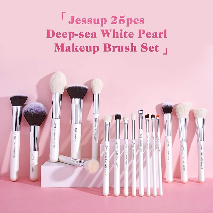 Jessup Brand 25pcs Professional Makeup Brush Set Beauty Cosmetic Foundation Powder Blusher Eyeshadow Blending Highlight Concealer Natural-Synthetic Hair Brushes Set (Pearl White/Silver)-GlimoraGlow