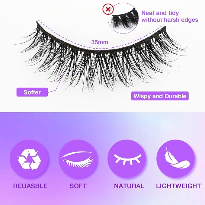 Wispy False Eyelashes Kit With Bond, Seal and Tweezer, 7 Pairs Natural Look Fake Cat Eye Lashes Strips Thin Band Extensions Waterproof Easy Eyelashes for Beginners RQ01-GlimoraGlow