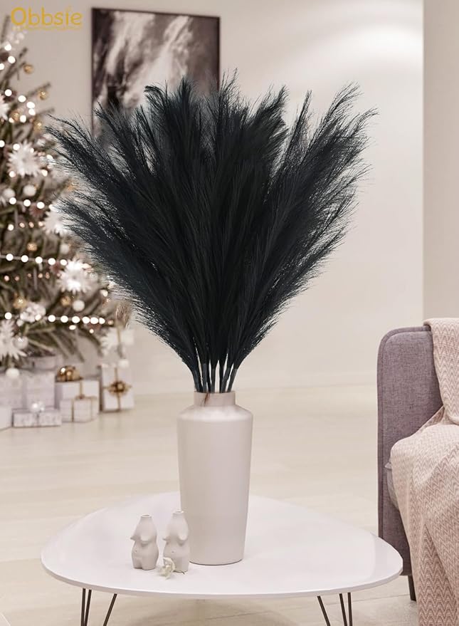 35" Faux Pampas Grass Decor, 8pcs Large Tall Fluffy Artificial Pompous Grass Branches Floral Fake Pompas Grass Bulrush Floor Vase Filler Flower Arrangement for Home Wedding Boho Decor Black