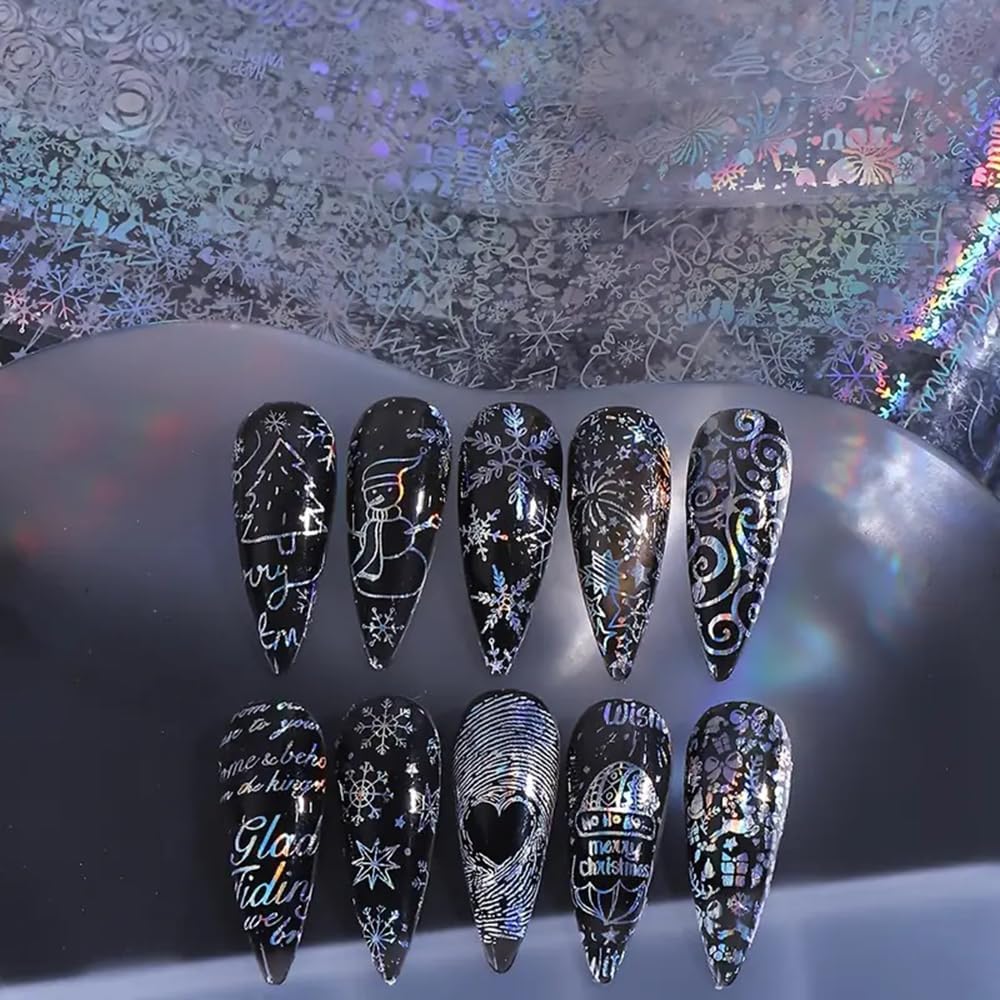 1Box 10 Rolls Laser Silvery Snowflake Nail Art Transfer Stickers 3D Christmas Tree Snowman ELK Starry Sky Paper Decals Rose Letter Gift Manicure Supplies Christmas Nail Foil Transfer Stickers Decals-GlimoraGlow