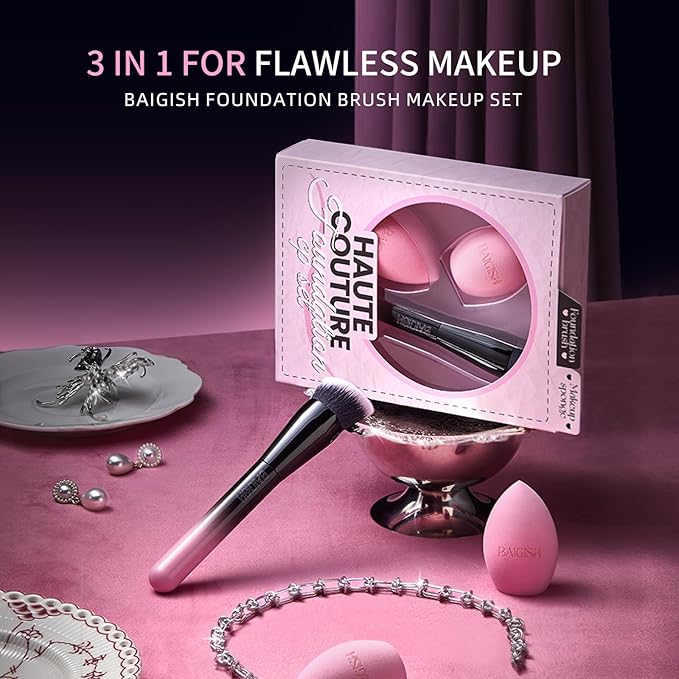 Makeup Brush Set, Flat Top Kabuki Brush Premium Foundation Brush for Liquid, Cream, and Powder with 2 Makeup Sponge for Foundation, Powder, Blush, and Concealer-GlimoraGlow