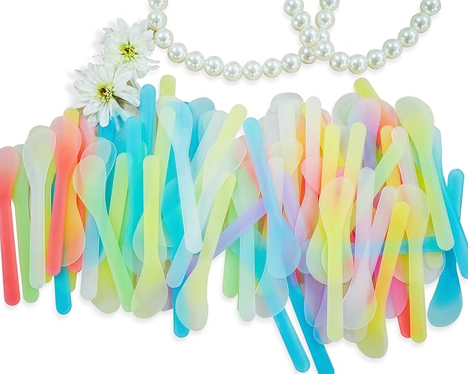 100 PCS Cosmetic Spatula for Makeup Face Mask Plastic Spoon Disposable Makeup Tools for Mixing and Sampling 4.88'' x 1.06" Random Color-GlimoraGlow