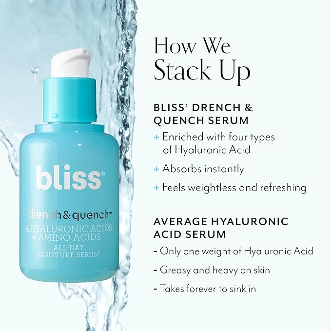 Bliss Hyaluronic Acid Drench & Quench Facial Serum – Hydrating Serum for Dry, Sensitive Skin - Lightweight Gel Formula for Deep Hydration & Plump Skin - Clean, Cruelty-Free - 1 Fl Oz-GlimoraGlow
