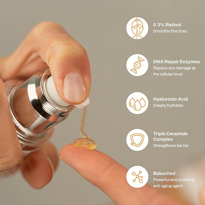 Photozyme GFS Plus Night Serum with 0.3% Retinol and Bakuchiol – Gentle Anti-Aging Peptide Formula – Reduces Wrinkles, Sun Damage & Dark Spots – Firms, Brightens & Smooths Skin – 1.7 fl oz-GlimoraGlow