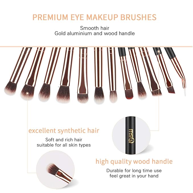 MSQ Eyeshadow Brushes 12pcs Eye Make Up Brush Set with Bag (PU Leather Pouch) Soft Synthetic Hairs for Eyeshadow, Eyebrow, Eyeliner, Blending, Best Gifts - Rose Gold-GlimoraGlow