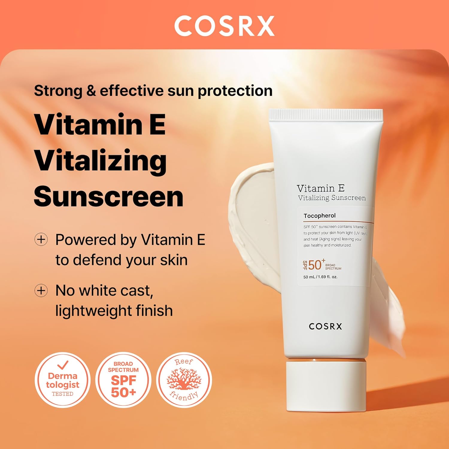 COSRX Vitamin E Vitalizing Face Sunscreen SPF 50, 1.69 fl oz, SPF Moisturizer, Lightweight under Makeup, Travel Essentials, Summer Essentials, Korean Skin Care, Korean Sunscreen for Face-GlimoraGlow
