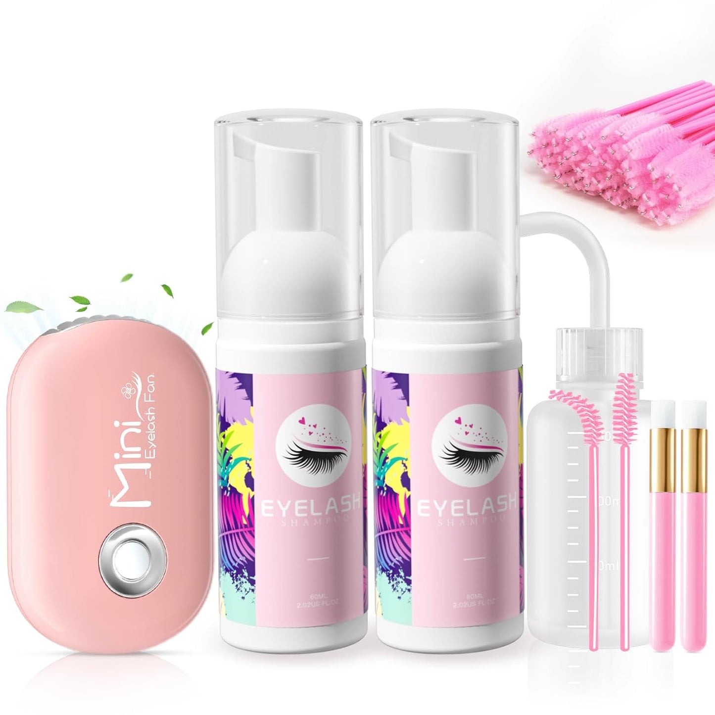 Buqikma Lash Cleaning Kit - 2PCS Lash Shampoo Eyelash Wash Kit with Fan Dryer Rinse Bottle for Eyelash Extensions Cleanser Mascara Remover Cleaning Brush for Lashes Extension Cleaner at Home Salon-GlimoraGlow