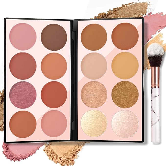 16 Colors Blush Contour Highlighter Makeup Palette with Brush, Matte Mineral Face Blush Powder for Cheek, Bright Shimmer Illuminator Bronzer Professional Facial Beauty Makeup Blushes Set-GlimoraGlow