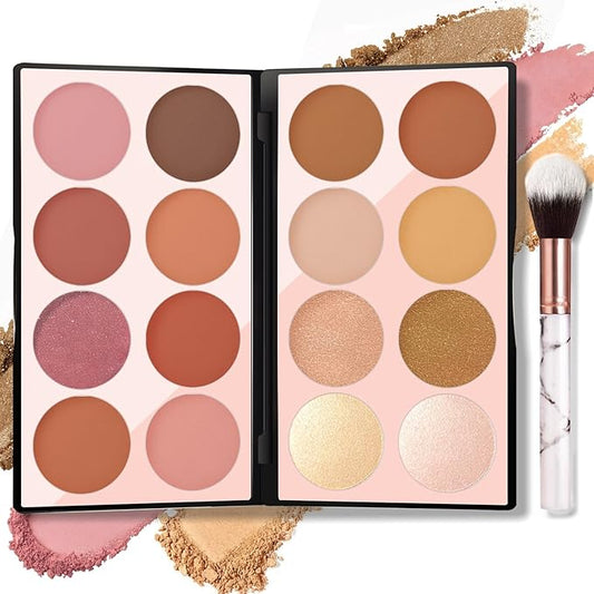 16 Colors Blush Contour Highlighter Makeup Palette with Brush, Matte Mineral Face Blush Powder for Cheek, Bright Shimmer Illuminator Bronzer Professional Facial Beauty Makeup Blushes Set-GlimoraGlow
