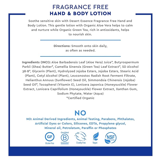 Desert Essence Fragrance Free Hand & Body Lotion - 8 Fl Ounce - Soothing - Aloe Vera - Shea Butter - Green Tea - Coconut Oil - Jojoba Oil-GlimoraGlow
