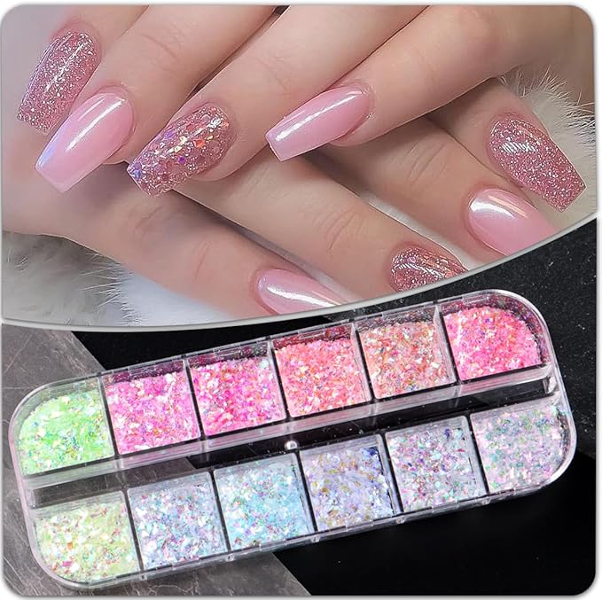 12 Colors Mermaid nail art glitter sequins Iridescent Ice Slag nail glitter flakes Ultra Thin Nail Art Designs 3D holographic nail sequins for Nail Art Supplies Manicure Decoration Accessories-GlimoraGlow