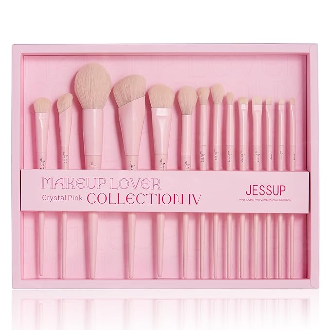 Jessup Pink Makeup Brushes Set 14Pcs Make up Brushes Premium Vegan Foundation Concealer Blush Eyeshadow Eyeliner Powder Highlighter Blending Face Brush Set with Gift Box, T495-G-GlimoraGlow