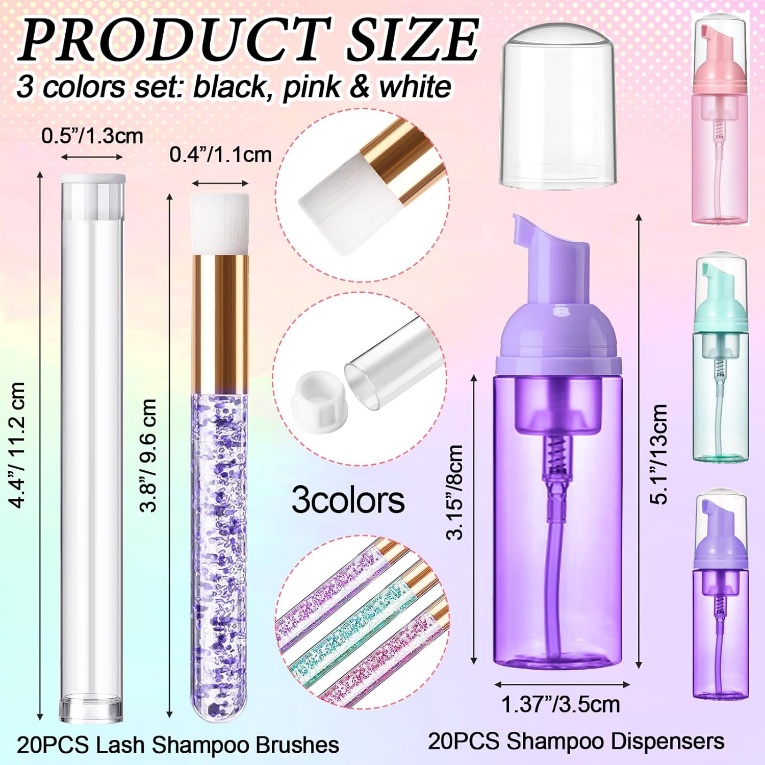 Zhehao 80 Pcs Lash Shampoo Bottle Brushes Kit 20 Foam Pump Dispensers 20 Lash Shampoo Brushes 20 Eyelash Aftercare Bag 20 Cleaning Pipes, Eyelash Extension Supplies (Mixed Colors)-GlimoraGlow