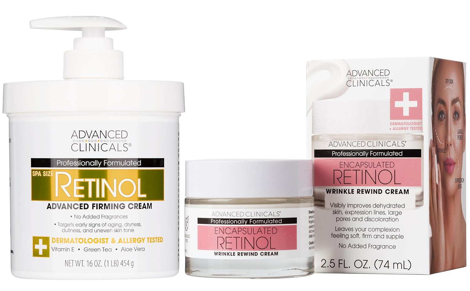 Advanced Clinicals Retinol Body Cream + Encapsulated Retinol Face Moisturizer 2pc Skincare Set For Women & Men To Reduce Appearance Of Wrinkles + Fine Lines & The Look Of Crepey Skin, 2pc Set-GlimoraGlow