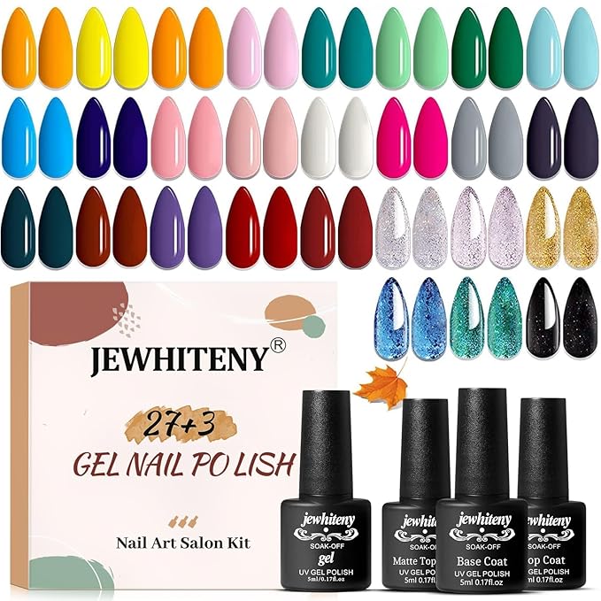 JEWHITENY 30PCS Nail Polish Kit 27 Colors Green Blue Pink Orange Gitter Sock Off Gel Polish with Matte& Glossy Top Base Coat for DIY Nail Art Manucure at Home Salon-GlimoraGlow