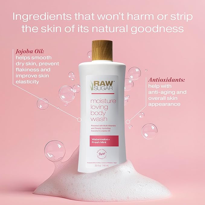 RAW SUGAR Moisture Loving Body Wash - Watermelon + Fresh Mint, Moisturizing & Refreshing Bath & Shower Gel, Sulfate-Free, Paraben-Free & Vegan (Pack of 3)-GlimoraGlow