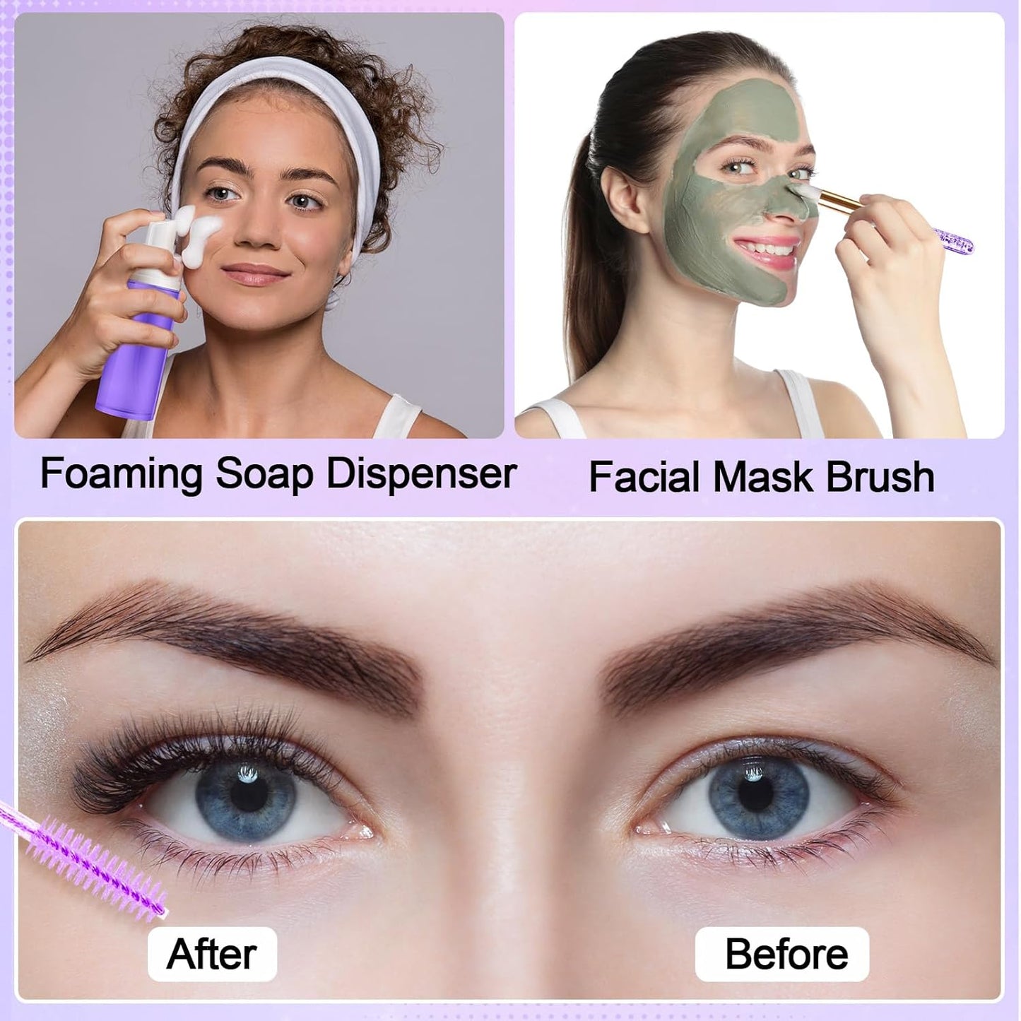 Zhehao 80 Pcs Lash Shampoo Bottle Brushes Kit 20 Foam Pump Dispensers 20 Lash Shampoo Brushes 20 Eyelash Aftercare Bag 20 Cleaning Pipes, Eyelash Extension Supplies(Purple)-GlimoraGlow