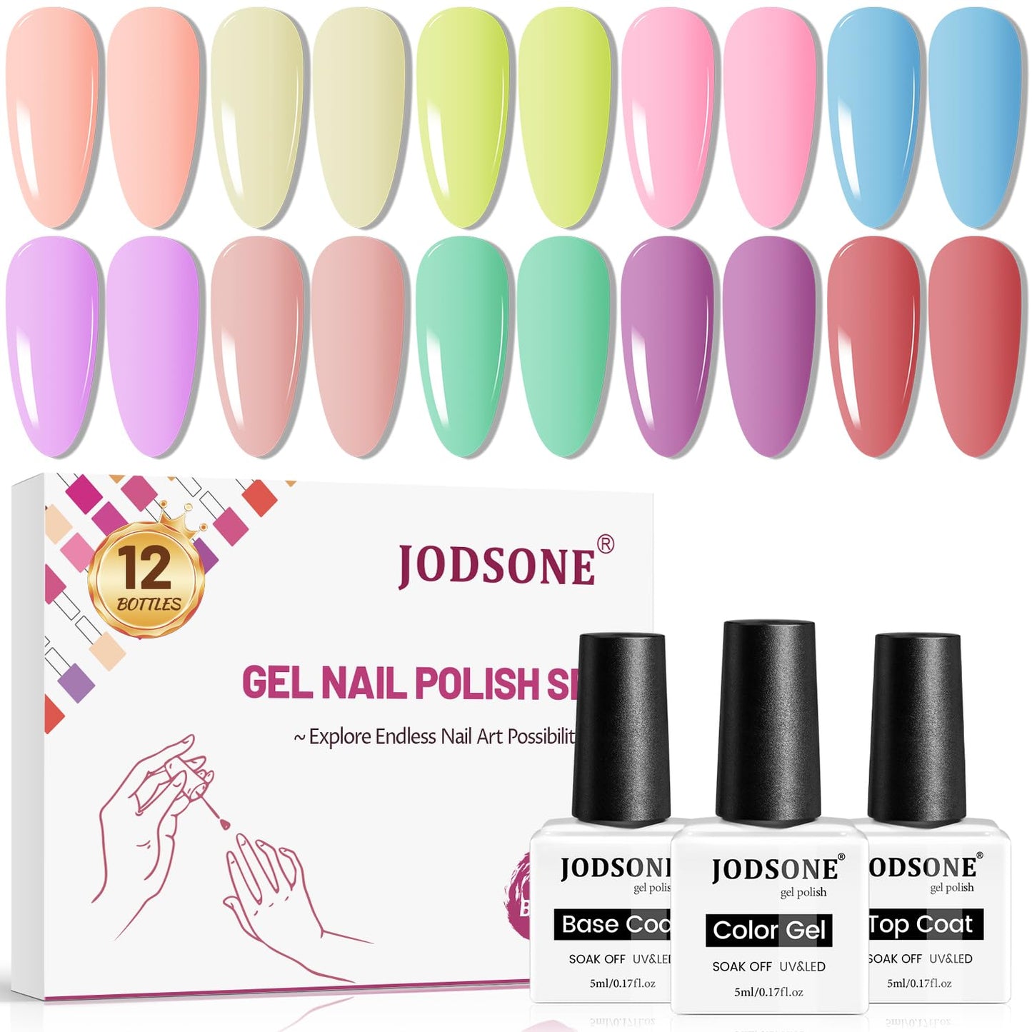 JODSONE 12 Bottles of Gel Nail Polish Set Glossy Top Coat Base Coat Gel Polish Ideal for Holiday Gift Giving-GlimoraGlow