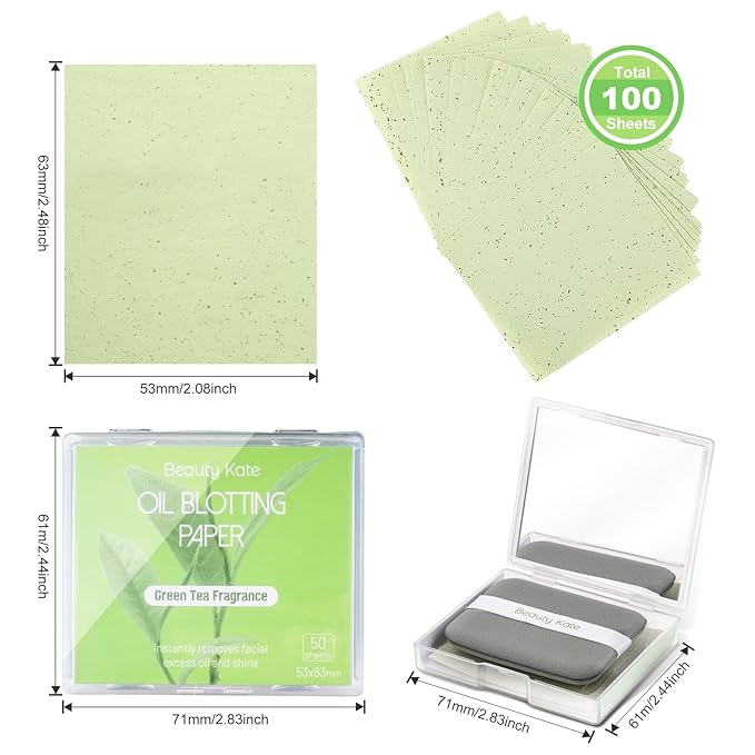 2 Pack Oil Blotting Sheets for Face, Oil Blotting Paper Green Tea Total 100 sheets with Portable Mirror Case & Makeup Puff Makeup Friendly-GlimoraGlow