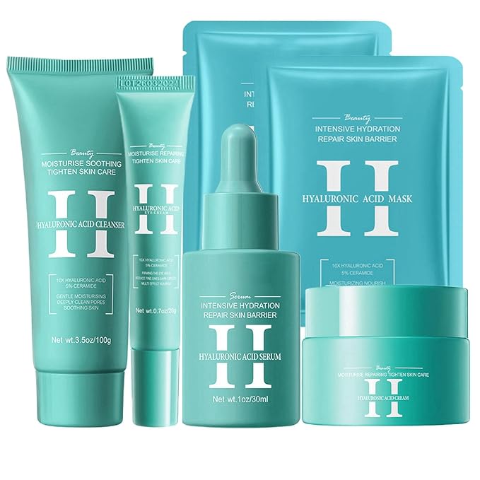 Hyaluronic-Acid Skincare Set, Skin Care Kit For Women, Skincare Gift Set, 6pcs Facial Kit For Women With Cleanser, Face Serum, Face Moisturizer, Eye Cream & Face Mask, Clean, Soft, And Plump-GlimoraGlow