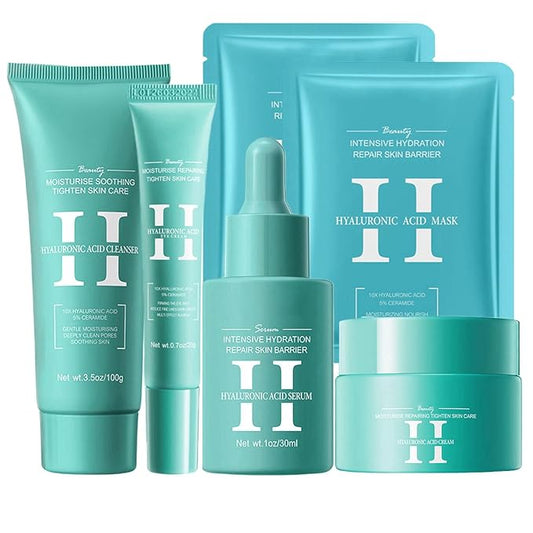 Hyaluronic-Acid Skincare Set, Skin Care Kit For Women, Skincare Gift Set, 6pcs Facial Kit For Women With Cleanser, Face Serum, Face Moisturizer, Eye Cream & Face Mask, Clean, Soft, And Plump-GlimoraGlow