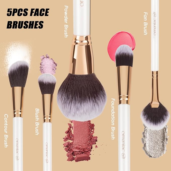 OMANIAC Makeup Brush Set Professional, 12 Pearlescent Wood Handle Makeup Brushes, Premium Cruelty-Free Synthetic Fiber Hair, Travel Make up Brushes Set with Case (White).-GlimoraGlow