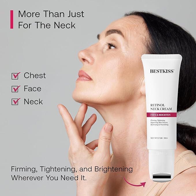 Retinol Neck Firming Cream with Cooling & Massaging Roller Applicator - Hydrates, Lifts, Smoothes Wrinkles, Fine Lines & Tightens Sagging Skin with Niacinamide & Hyaluronic Acid, 1.7oz/50g-GlimoraGlow