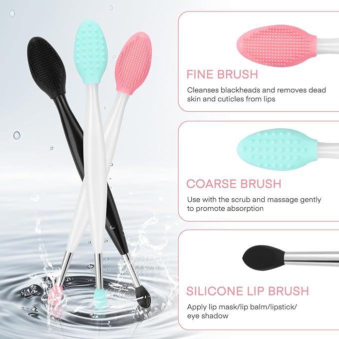 Unaone Lip Scrub Brush - 3 PCS Dual-ended Lip Scrubber Exfoliator and Silicone Lip Brush, 2-in-1 Silicone Lip Scrub Tool Lip Mask Applicator, Gentle Exfoliator & Applicator for Soft-GlimoraGlow