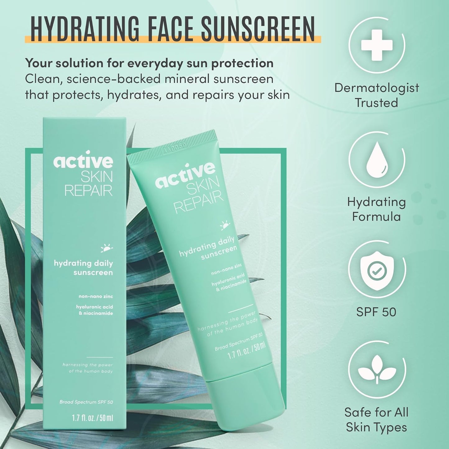 Active Skin Repair SPF 50 Hydrating Daily Sunscreen and Face Moisturizer, Non-Nano Zinc, Non-Toxic Broad Spectrum Protection Hydrating Mineral Facial Sunscreen, 1.7 fl. oz.-GlimoraGlow