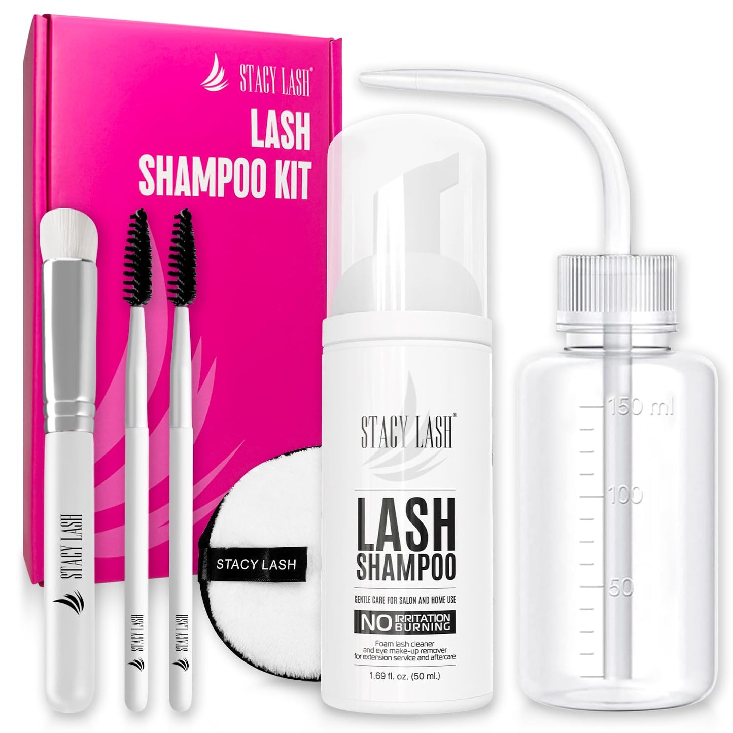 STACY LASH Lash Shampoo Kit Foaming Cleanser with Eye Lash Spoolies & Rinse Bottle & Cleansing Pad & Brush for Eyelash Extensions & Clusters & Natural Eyelashes-GlimoraGlow