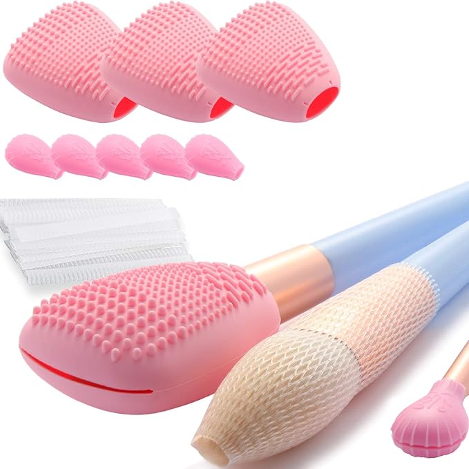 Silicone Travel Make-up Brush Holder with Cleaner Mat Pad, Organizer Case Covers for Foundation Eye Lip Brushes Storage Cleaning, Gift for Women Girl-friend Mother Wife, 3-Pcs Large + 5 Small, Pink-GlimoraGlow