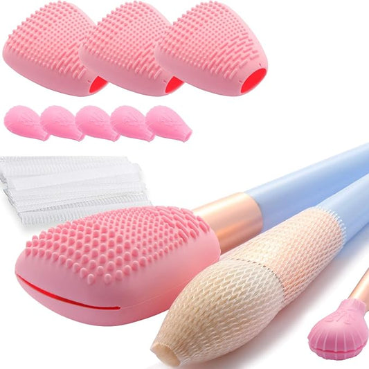 Silicone Travel Make-up Brush Holder with Cleaner Mat Pad, Organizer Case Covers for Foundation Eye Lip Brushes Storage Cleaning, Gift for Women Girl-friend Mother Wife, 3-Pcs Large + 5 Small, Pink-GlimoraGlow