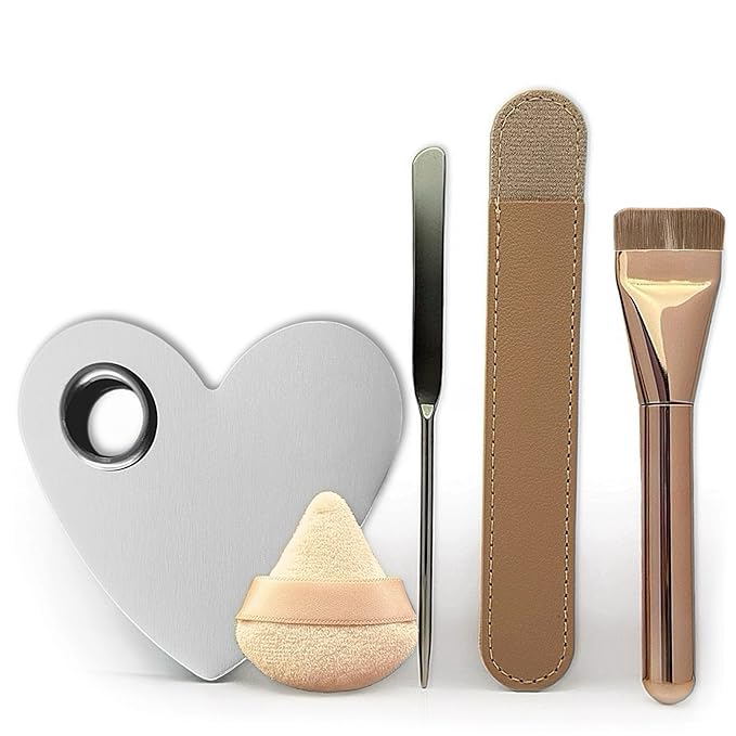 Makeup Brush Set - Flat Foundation Brush, Blender Sponge, Face Spatula, Puff & Heart-Shaped Mixing Palette with Leather Case – Complete Face Makeup Tool Kit for Blending, Foundation & Application-GlimoraGlow